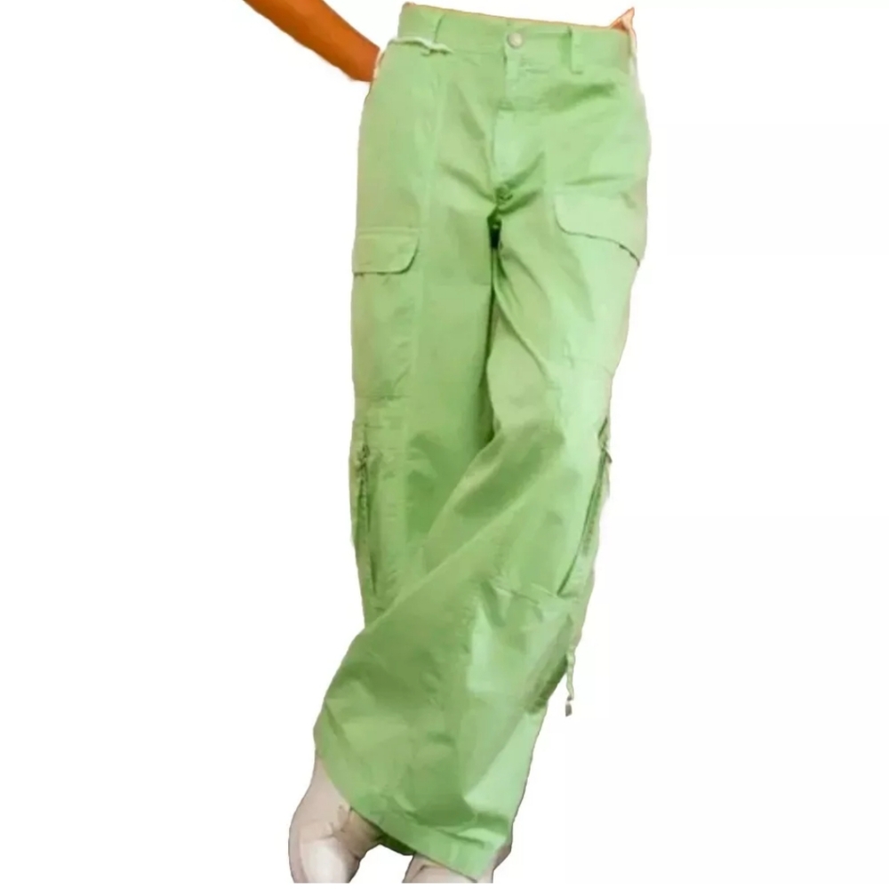 BDG Wide Leg Cargo Pants Woman Large Lime Green High Waisted Flap Pockets 32/28"